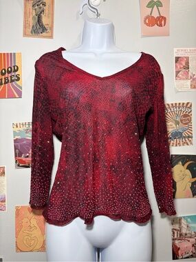 Express Red V-Neck Long Sleeve Top with Sequin Detail